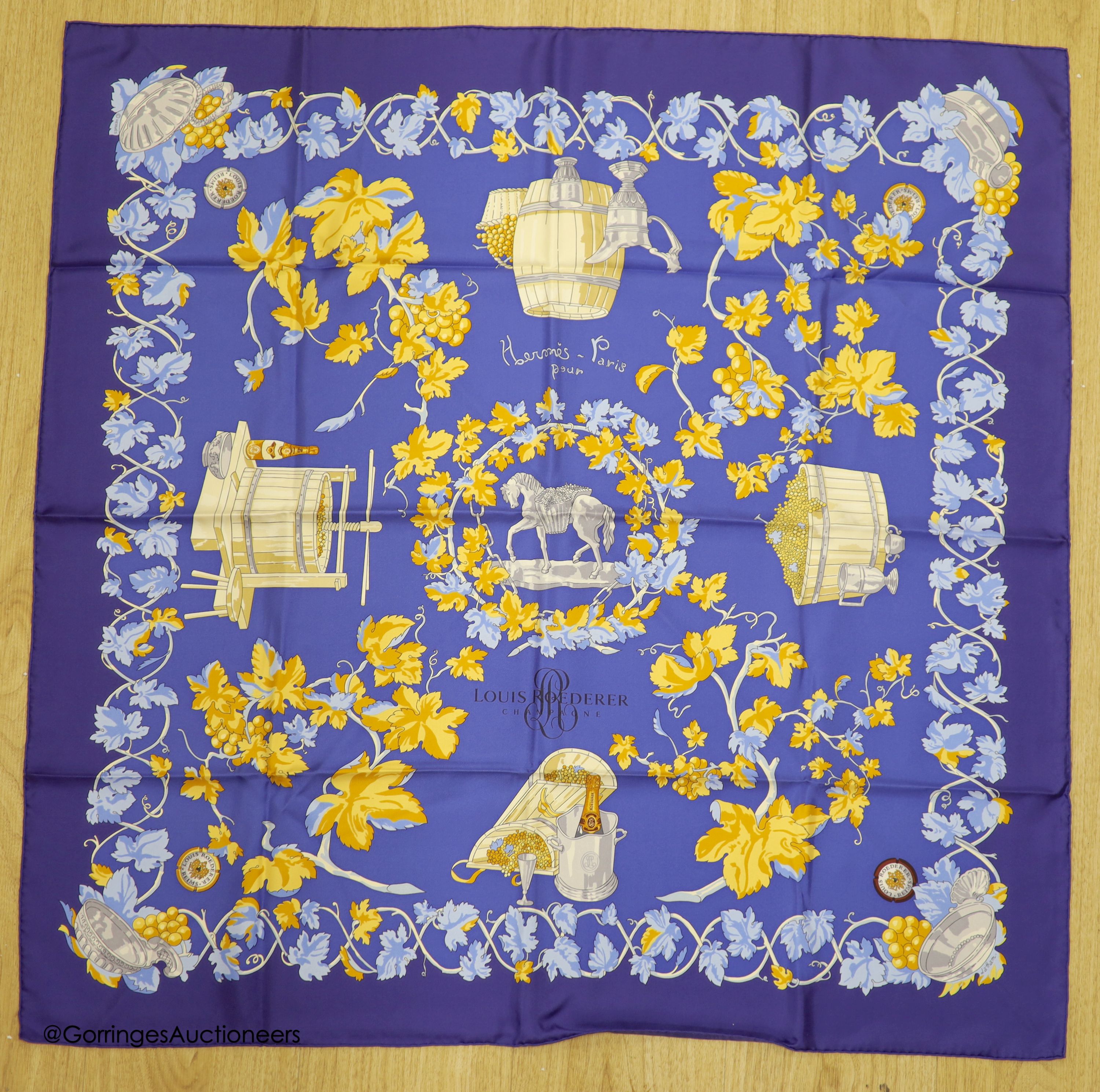 A rare Hermes Louis Roederer Champagne silk twill scarf, boxed